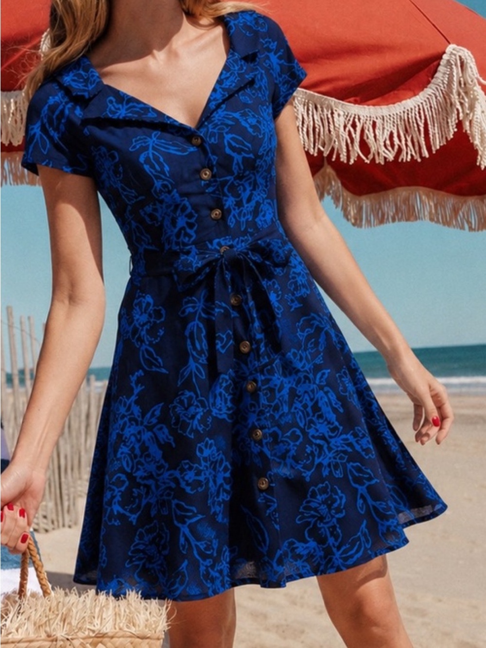 Free People Navy & Royal Blue Floral Button-Front Mini Dress, size 4. NWOT